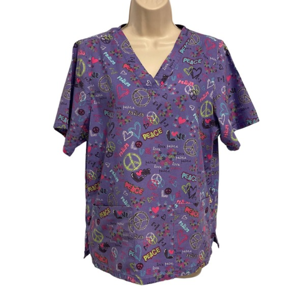 Tafford Uniforms Purple Peace Love‎ Hearts Scrub Top V-Neck 100% Cotton L NPT69T